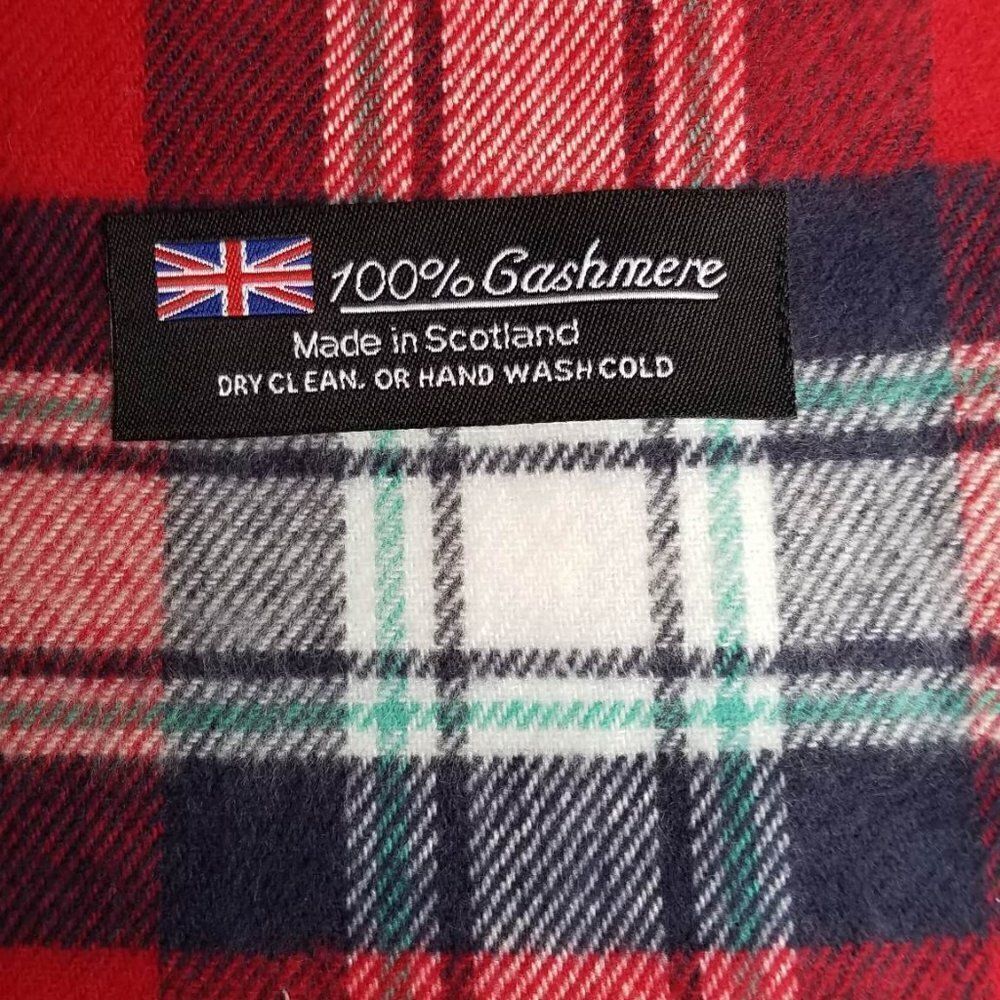 100% Scottish Cashmere Red Navy White Plaid Scarf 12" x72" NEW